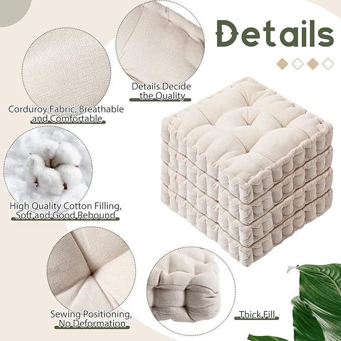 Jerify Floor Pillow Cushions 22 x 22 Inch Round Square Large Meditation Floor Pillow for Classroom Adult Meditation Picnic Party Cushion for Seating Gift Christmas(Scalloped Edge,Ivory White,4 Pcs)