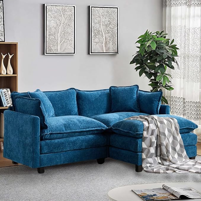 SoarFlash Chenille 77.95" Sectional Sofa, Comfy L Shaped Modular Coush Sofa with Ottoman, Modern 2 Seat Couch Deep Seat Sofa Set for Living Room,Blue