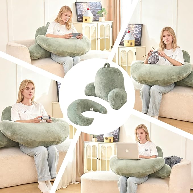 PAJEO Reading Pillow for Bed,U Shaped & Back Support Pillow for Bed,19" Backrest with Lumbar & Arm Support,Luxurious Faux Rabbit Fur,Gaming PillowFor Crochet/Reading/Watching TV,Green