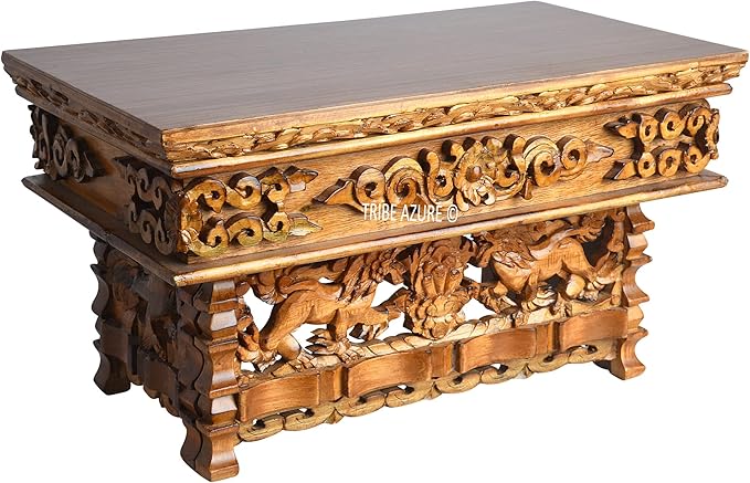 Tribe Azure Fair Trade Small Snow Lion Altar Table, Hand Carved Wooden Table with Majestic Garuda, 16 in x 9 in x 9 in
