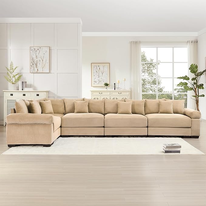 KEIKI 146" L-Shaped Oversized Corduroy Modular Cloud Sectional Sofa with High-Density Foam Cushion, Extra-Thick Armrest, Convertible 5-Seater Fluffy Corner Couch with 18 Pillow, for Living Room, Camel