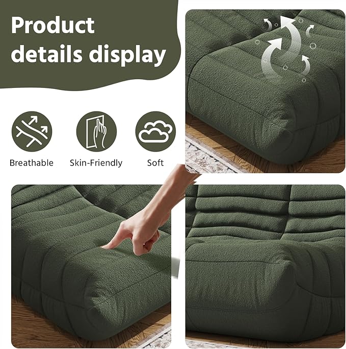 Bean Bag Chair, Fireside Chair, Large Bean Bag Chair for Adults, Bean Bag Chairs for Teens with High-Resilience Foam, Non-Slip Base Floor Lounge Sofa,Living Room (Green, Loveseat)
