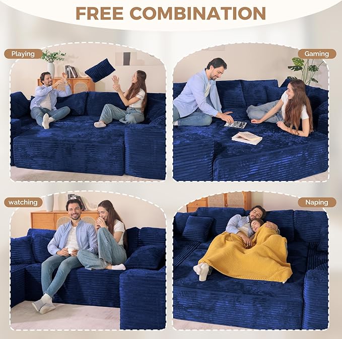136'' Large Sectional Cloud Couches with Chaise, U Shaped Boneless Sofa Bed with Ottoman, No Assembly Required Deep Seat Modular Lounge for Living Room 4PCS Set, Bedroom(Blue)