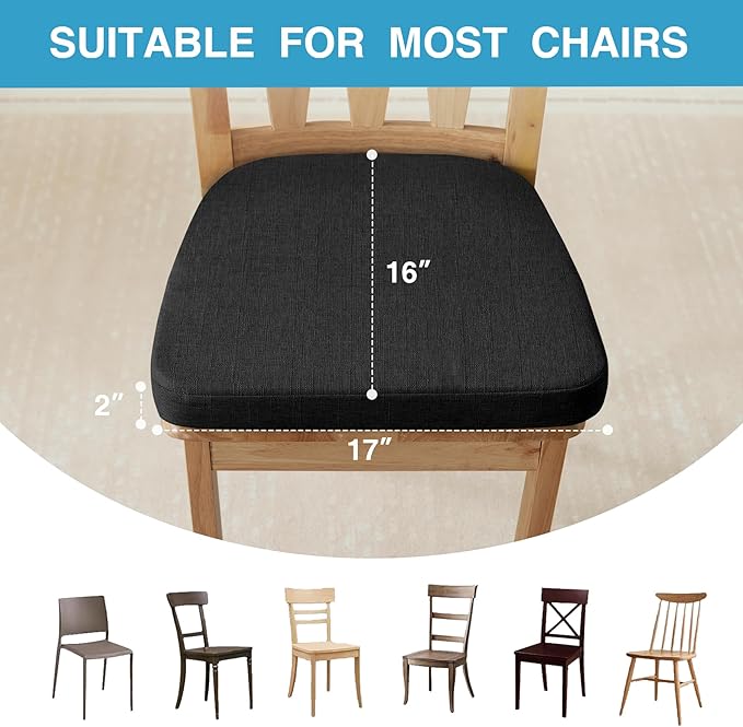 Chair Cushions for Dining Chairs Set of 6, Non Slip Kitchen Chair Pads, 17" x 16" x 2", Indoor Dining Chair Cushions with Ties, D-Shaped Seat Cushions for Kitchen Chairs, Black