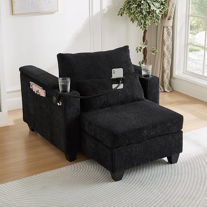 Merax Modern 37.4" Convertible Chaise Lounge with USB Ports, Phone & Cup Holders, Corduroy Upholstered Sleeper Sofa Bed, Recliner Chair w/Pillows for Living Room Bedroom,Black