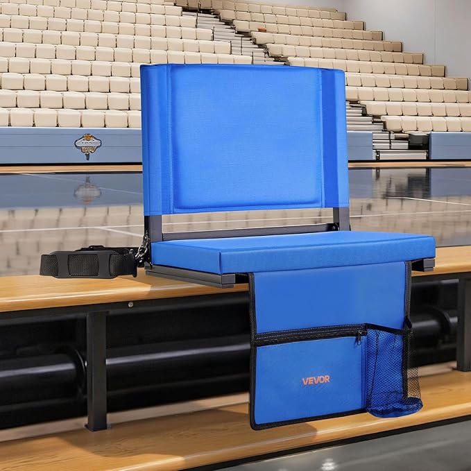 VEVOR Stadium Seat, Folding Bleacher Seat with Back Support & Thick Cushion, Padded Stadium Seats for Bleacher Includes Shoulder Strap, Hooks, Cup Holder, and Side Pocket, Blue Bleachers Chair, 2PCS