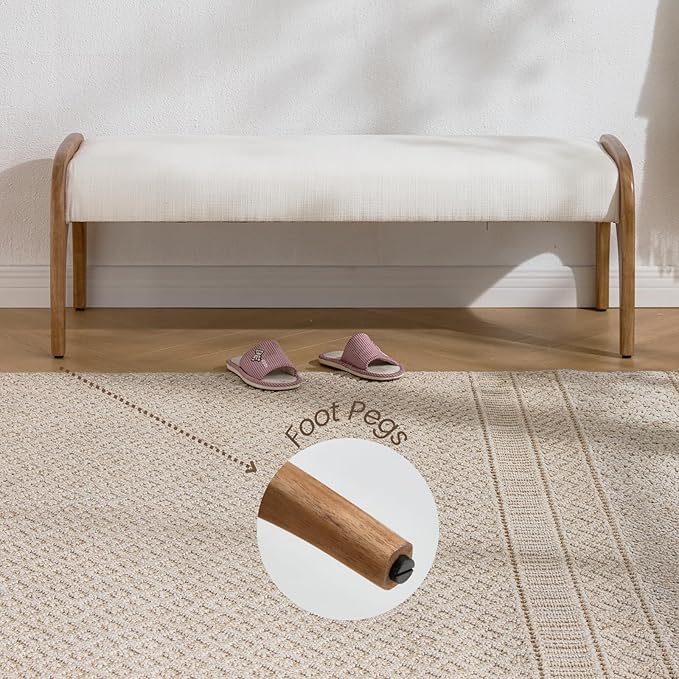 DUOMAY Modern 51" Wide Ottoman Bench, Long Entryway Bedroom Bench with Solid Wood Legs and Linen Upholstered Dining Bench Storage Bench for Living Room Indoor, Kitchen, White