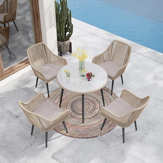 Patiorama Outdoor Dining Chairs, Patio Dining Chair Set of 6, All-Weather Woven Rope Rattan Chairs, Outdoor Dining Wicker Chairs with Armrests for Indoor Balcony Pool Backyard(Tan)
