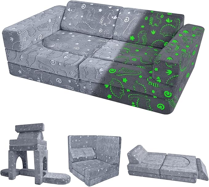 MeMoreCool 10-Piece Kids Play Couch – Modular Foam Sofa Set for Playroom, Fold-Out Convertible Toddler Furniture | Glow-in-The-Dark Dino Design, Washable Covers, Imaginative Play for Boys & Girls