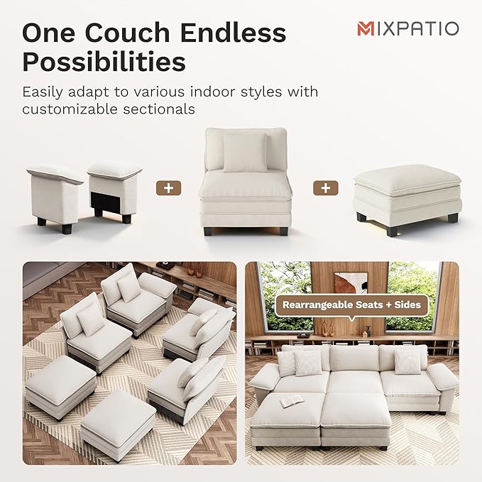 MIXPATIO 123-Inch L Shaped Sectional Sofa with Cloud Cushions, Deep Seat Modular Couch Set w/ 4 Seats & 1 Ottomans, Removable Arms, Plush Chenille Upholstery for Living Room, Apartment - Beige