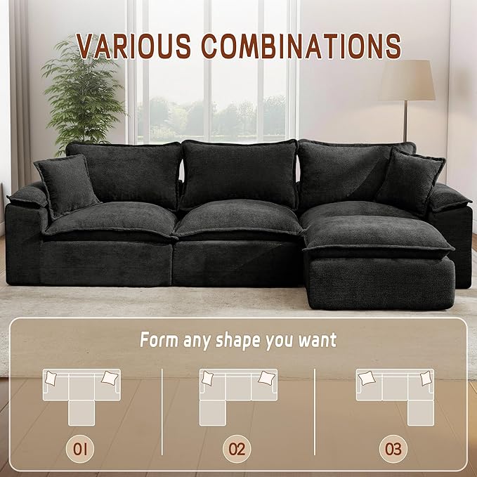 Korser 122" Sectional Couches for Living Room, Modular Boneless Sofa, Cloud Sofa, Fluffy Cushions, Double-Layer Cushioned, with Convertible Ottoman