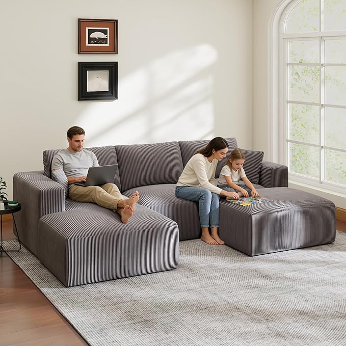110" Modular Sectional Sofa, Boneless Couch U Shaped Memory Foam Cloud Couch with Chaise, Cozy Upholstered Corduroy Floor Couch, No Assembly Required Living Room Furniture for Apartment Home, Grey