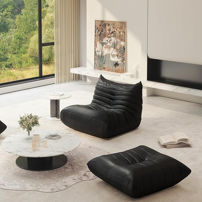 Fireside Chair Lazy Floor Sofa Set, Cozy Memory Foam Bean Bag Chairs, Faux Leather Giant Bean Bag Chair Sofa, Armless Foam Couch Lounger Tatami Recliner for Living Room Bedroom Dorm Office