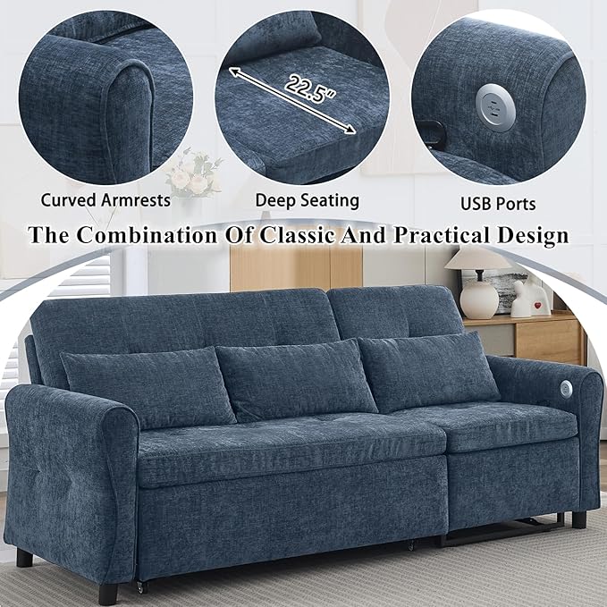 Gagawin 2 in 1 Convertible Sofa Bed with Reversible Recliner, Chenille 3-Seater Couch Sleeper with Pull Out Bed & Adjustable Backrest & Dual USB Charging Ports for Living Room, Blue