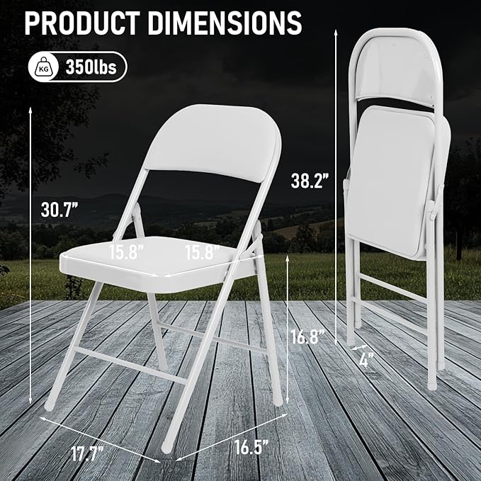 4 Pack White Padded Folding Chairs Set - Comfortable Stackable Portable Chairs for Indoor Outdoor, Events, Parties, Office, Wedding (PU Leather, Executive White,School Chair)