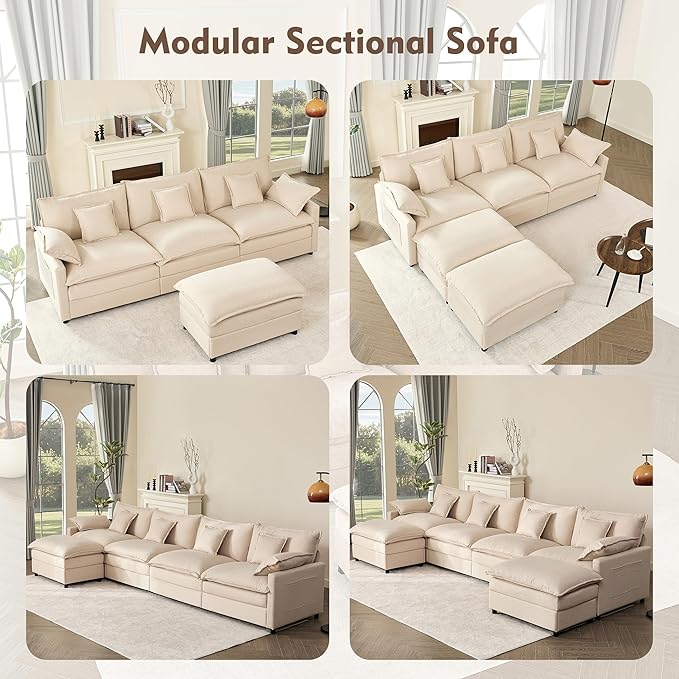 GOSUHI 108" U Shaped Couch, Modular Sectional Sofa, 3-Seater Comfy Cloud Couch with Movable Ottoman, Deep Seat Couches for Living Room, Linen, Beige
