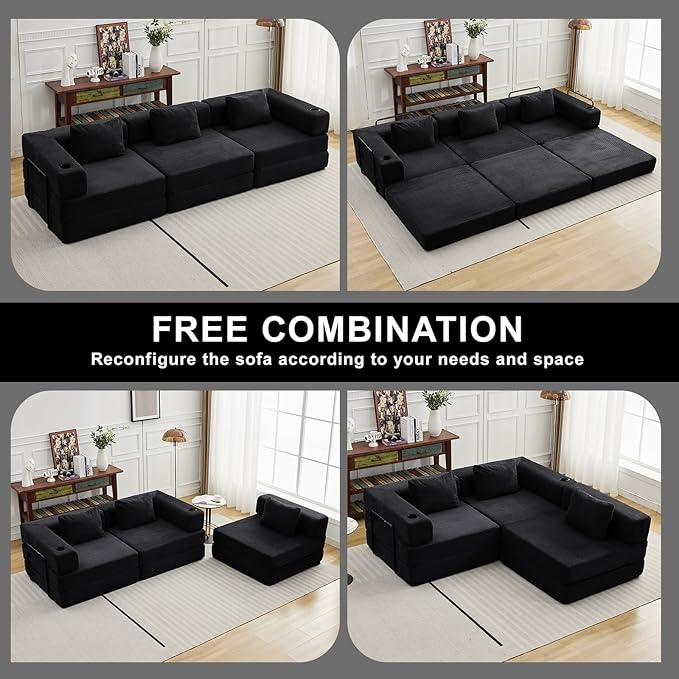 118" Oversized Convertible Floor Sofa Bed, Boneless Foldable Mattress Cloud Couch with Pillow Back & Armrest, Fold Out Floor Couch with Cup Holder for Living Room Bedroom Lounge, Corduroy, Black