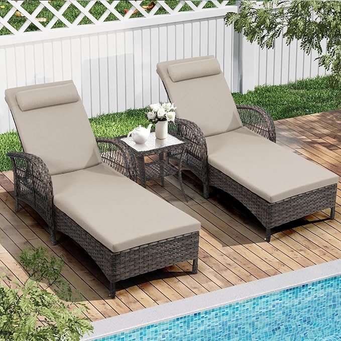 WINGTU 3 Piece Patio Chaise Lounge Set, Outdoor Patio Furniture Modern Lounge Chairs Set of 2 with Side Table & 6-Position Adjustable Backrest, Durable PE Wicker, Weather Resistant Cushions, Beige