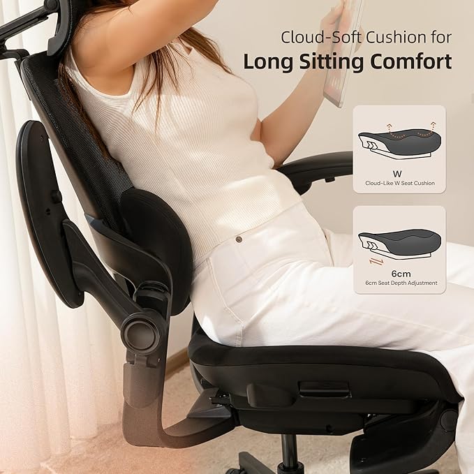 CabLady S2 Petite Ergonomic Office Chair for Women, Small Frame Desk Chair with Adjustable Lumbar, Headrest & Footrest, Space-Saving Flip-Up Armrests