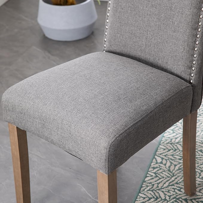 Snugway Upholstered Dining Chair Stylish Parsons Kitchen High Back with Silver Nailhead Trim & Wood Legs, 6-Pack, Fabric Classic Grey