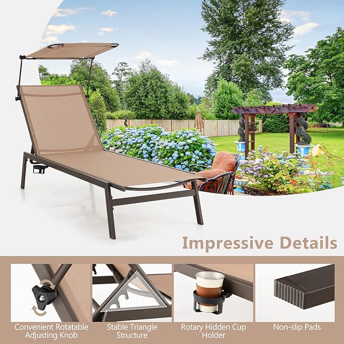 HAPPYGRILL Outdoor Chaise Lounge, 6-Position Recliner Lounger with Adjustable Sun Shade & Cup Holder, Adjustable Reclining Chair for Outside Beach Balcony Poolside