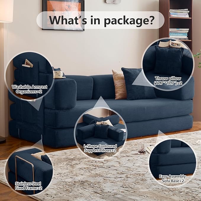 LIAROO 78.8" Convertible Sofa Bed -Compression Sofa with Corduroy Fabric - with Armrests and Backrest - Modular Sectional for Living Room, Bedroom, Studio - Compression Sofa in Box (Dark Blue)