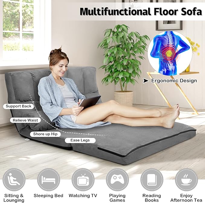 KOMFOTT Adjustable Floor Sofa Bed, Foldable Lazy Sofa Sleeper with 6 Position Backrest & 2 Pillows, Convertible Futon Couch with Suede Cloth Cover, Lounge Recliner for Living Room