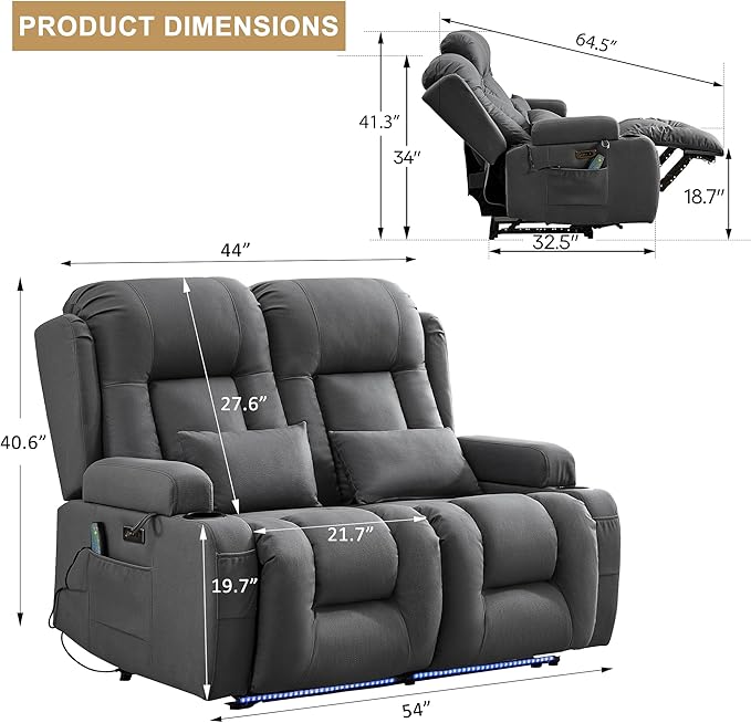 URRED Loveseat Recliner Sofa with Massage and Heat, Power Reclining Loveseat Sofa RV Couch Home Theater Seating with LED Lights, Cup Holders, Side Pockets, USB, Pillows, Leathaire Gray