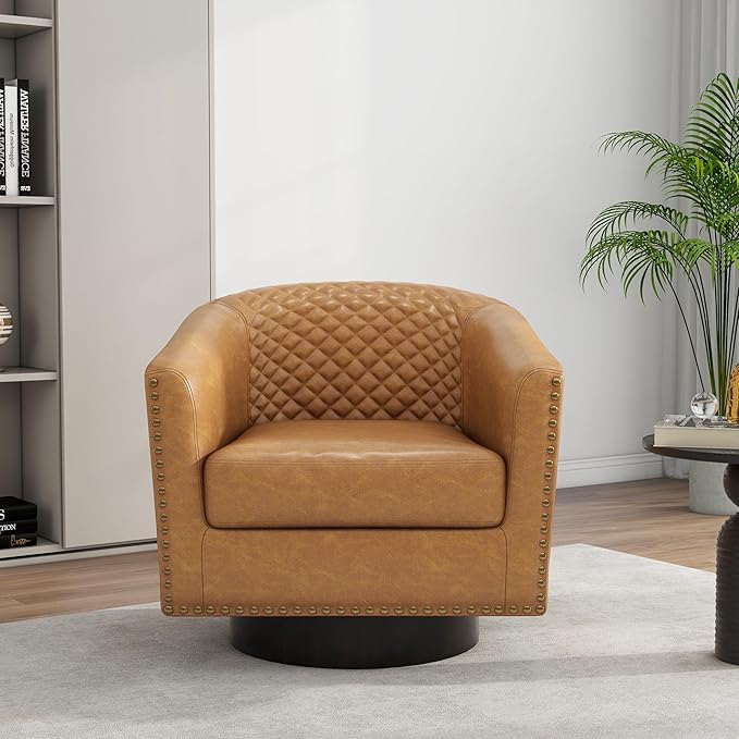 DREAMSIDEA Swivel Barrel Accent Chair, Comfy Modern Upholstered Round Faux Leather Arm Chair for Living Room, Bedroom（Coffee, Set of 2