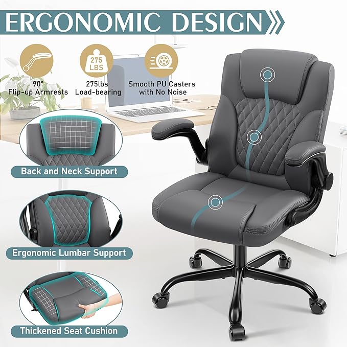 Leather Office Chair, PU Home Computer Desk Chairs with Ergonomic Back Support, 360°Swivel Free, Small Gaming Chair with Wheels and Adjustable Armrests, for Short People Use