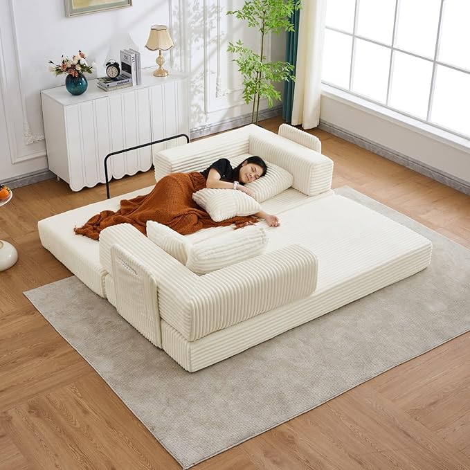 Folding Sofa Bed, Corduroy Loveseat Sleeper with Fixed-Shape Frame, No Assembly Needed Futon Couch, Convertible Floor Sofa Lounge Couch for Living Room, Bedroom, Lounge Studio, Ivory