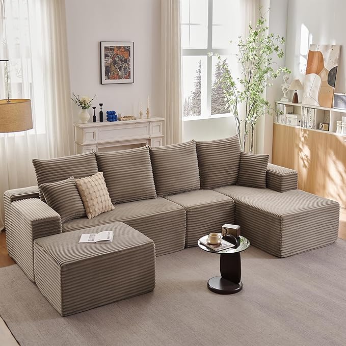 Lakifun 135" U-Shape Cloud Couch, Modern Modular Sectional Comfy L-Shape Sofa with Ottoman, Deep Seat, Upholstered Corduroy Sleeper Chaise Longue for Living Room Bedroom, No Assembly Required, Camel