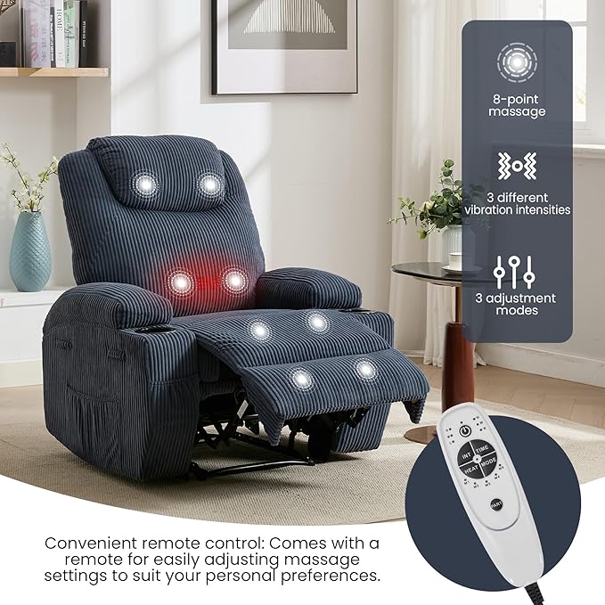 Massage Recliner Chair with Heat - Ultra-Comfortable Reclining (135° Adjustable), Dual Cup Holders & Side Storage Pockets, Easy Tool Assembly, Dark Green