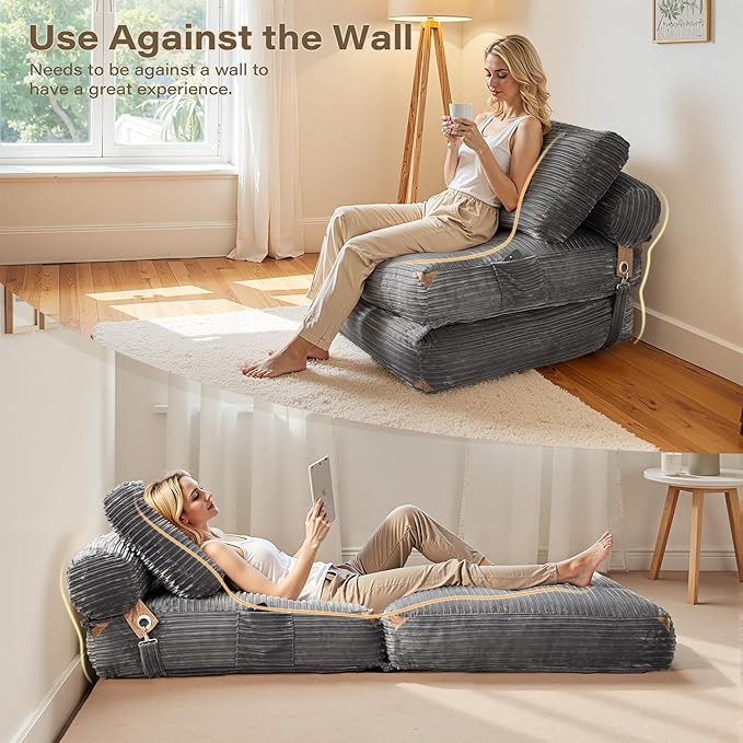 75'' Foldable Sofa Bed,Convertible Folding Sleeper Chair Bed,Grey Foldable Single Sofa Foam Filling Couch with Pillow, Comfy Corduroy Lazy Floor Sofa for Small Room Bedroom Apartment
