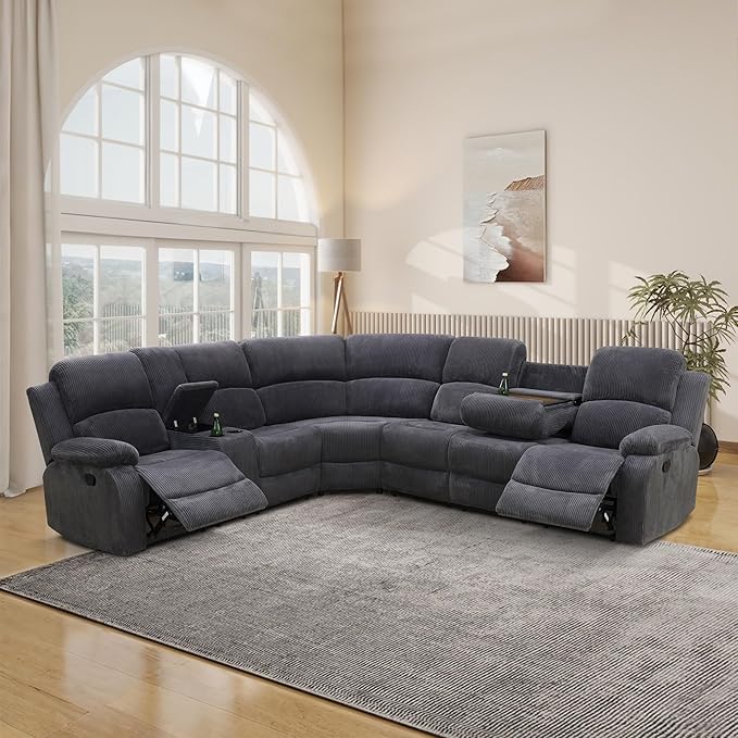 Manual Reclining Sofa Set with Drop-Down Table, Corduroy Sofa Sets, Living Room Furniture Sets, Modern Manual Recliner Sofa Sets with Storage Console for Living Room (Dark Grey, Sectional)