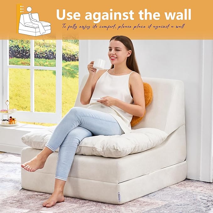 Hobestluk Sofa Couch Folding Sofa Bed Comfy Floor Lounger Convertible Sofa with Removable Cushion Couches for Small Spaces Foldable Mattress for Living Room Bedroom or Office (Chenille Beige, Large)