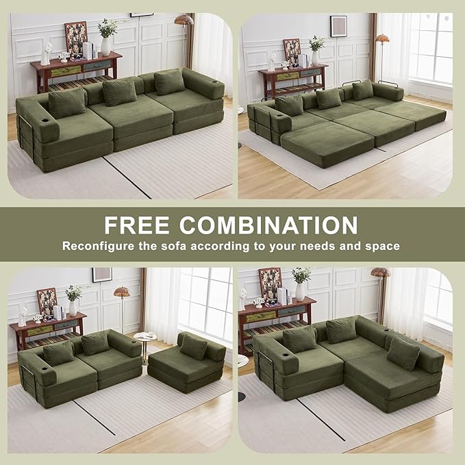 118" Oversized Convertible Floor Sofa Bed, Boneless Foldable Mattress Cloud Couch with Pillow Back & Armrest, Fold Out Floor Couch with Cup Holder for Living Room Bedroom Lounge, Corduroy, Olive