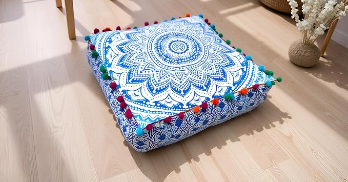 CRAFT KALA 18" Square Large Hippie Mandala Meditation Floor Ottoman Pillow Cushion Pouf Cover Square Poufs Bohemian Circle Floor Cushion Case Outdoor Fireplace Yoga Living Room Decor Cover Blue Ombre