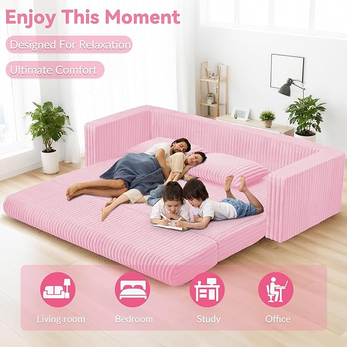 HABUTWAY Folding Sofa Bed, 2 in 1 Convertible Sleeper Chair with 2 Pillows, Portable Fold Out Chair Bed with Armrest, Comfy Floor Couch, Lazy Sofa for Living Room Bedroom Dorm Home Office, Pink