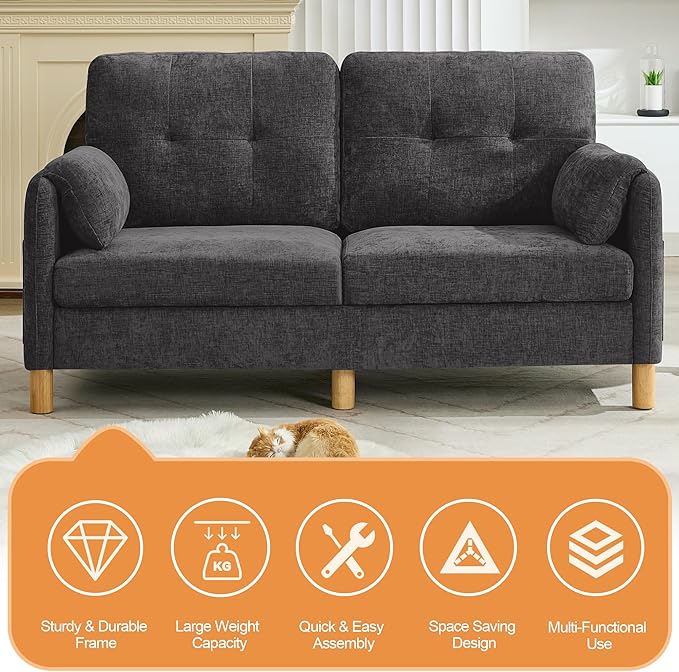 WUTUTUEE 65" Chenille Loveseat Sofa, Modern 2-Seater Love Seat Couch with Armrest Pillows, Storage Pockets, Easy Assembly, Upholstered Tufted Loveseat Couches for Living Room Bedroom, Dark Grey
