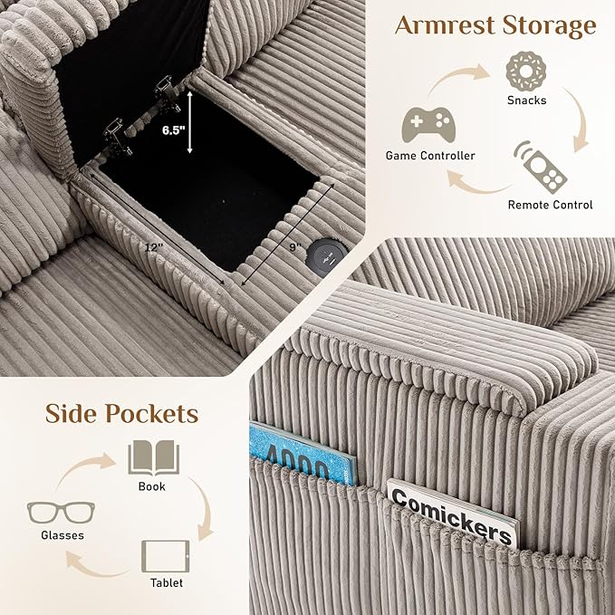 153" W x 60" D U Shape Sectional Sofa with USB Charging & Cup Holder & Storage, 6 Seater Plush Corduroy Couches with Movable Ottoman, Cloud Couch Sofas for Living Room, DIY Combination - Light Grey