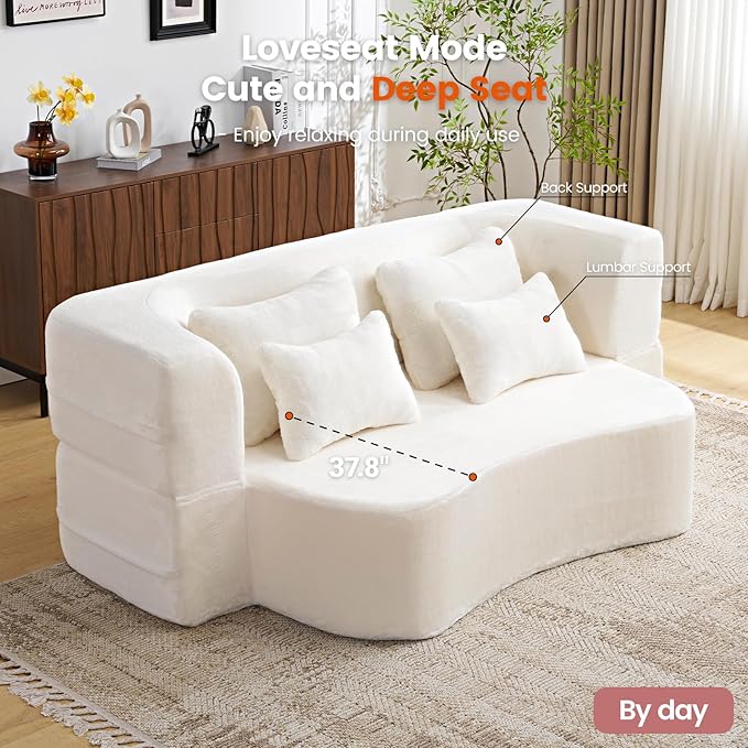 Orynveela Convertible Folding Sofa Bed, 78” Full Size Floor Sleeper Couch, Chenille Full Foam Curved Back Futon Loveseat for Living Room Bedroom, No Assembly (Beige White)