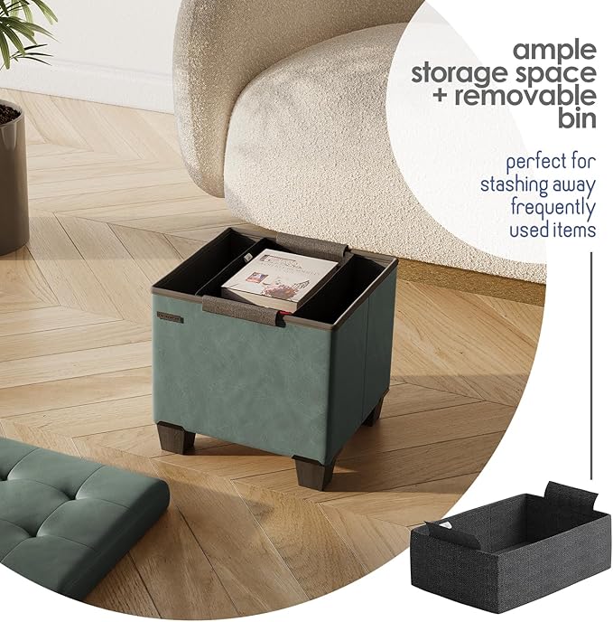 Storage Ottoman Cube with Small Bin, 16-in Square Ottoman with Storage for Living Room and Bedroom, Small Ottomans Foot Rest, Faux Leather Foot Stools Ottomans Max 330lbs, Green