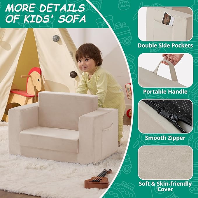 Kids Couch, 2-in-1 Toddler Chair Comfy 1-3 Years, Convertible Kids Chair, Toddler Couch That Fold Out, Kid Lounge Chairs for Boys and Girls, Soft Coral Fleece, Beige