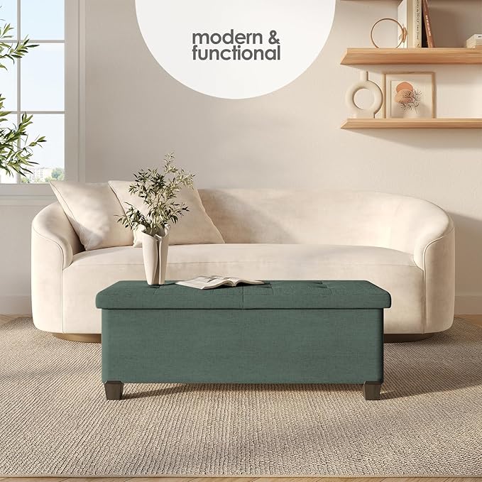 STORAGEBUD Storage Ottoman Bench with Bins, 43-in Storage Bench for Bedroom End of Bed, Folding Foot Rest Ottoman for Living Room Max 660lbs, Fabric Ottomans, Green