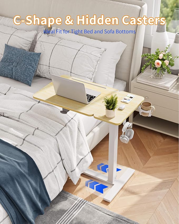YIHAYO Electric Adjustable Overbed Bedside Table with Wheels, 24 x 16 Inches Mobile Standing Desk, Laptop Desk, Movable Overbed Tables Hospital Home Use, Natural