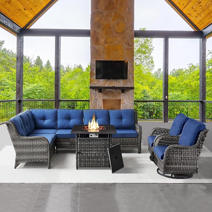 Belord Outdoor Sectional Furniture Sofa Set with Propane Fire Pit Table, Wicker Patio Conversation Set with 2 Swivel Rocker Glider Chairs Blue Cushion Perfect for Backyard Casual Gathering