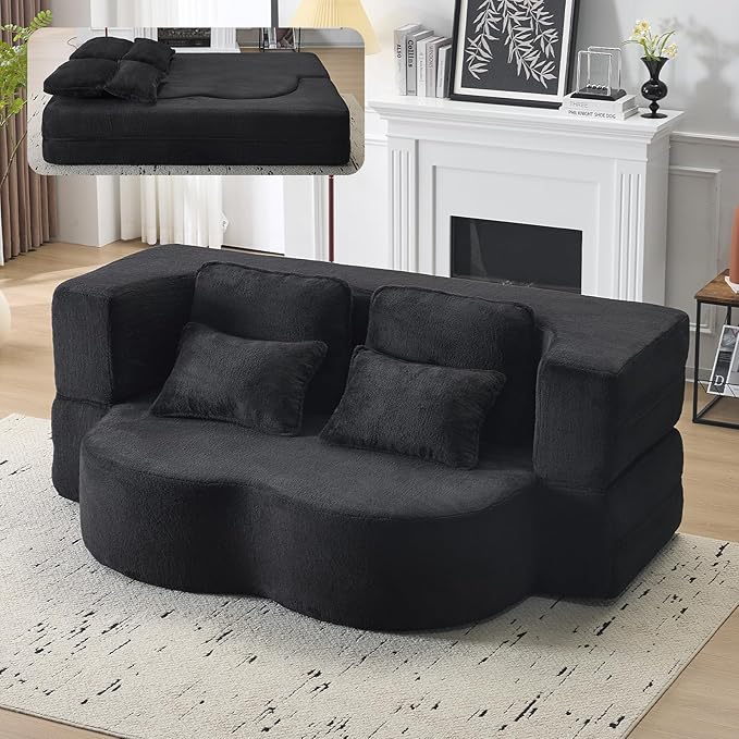 Convertible Folding Sofa Bed, 78” Full Size Floor Sleeper Couch, Chenille Full Foam Futon Loveseat for Living Room Bedroom, No Assembly Required (Black)