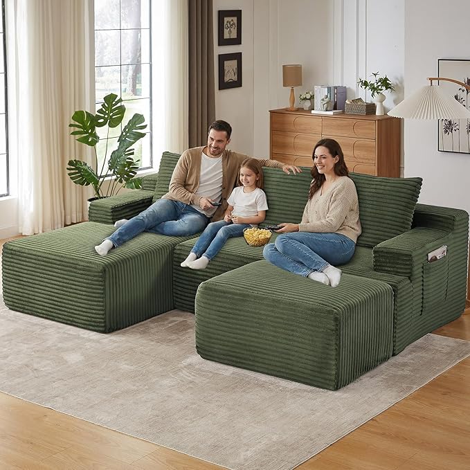 96" U-Shape Cloud Couch, Modern Modular Sectional L-Shape Sofa with Ottoman, Corduroy Upholstered Couches Deep Seat Sleeper Chaise Longue for Living Room, No Assembly Required(Green, Left Facing)