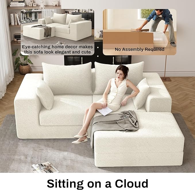 DAMAIFROM 80" Convertible Sleeper Sofa Bed with Soft Pillow, Corduroy Folding Mattress Couch with L-Shape Chaise, Modular Floor Sofa Lounge Couch for Living Room Bedroom Lounge (Beige White)